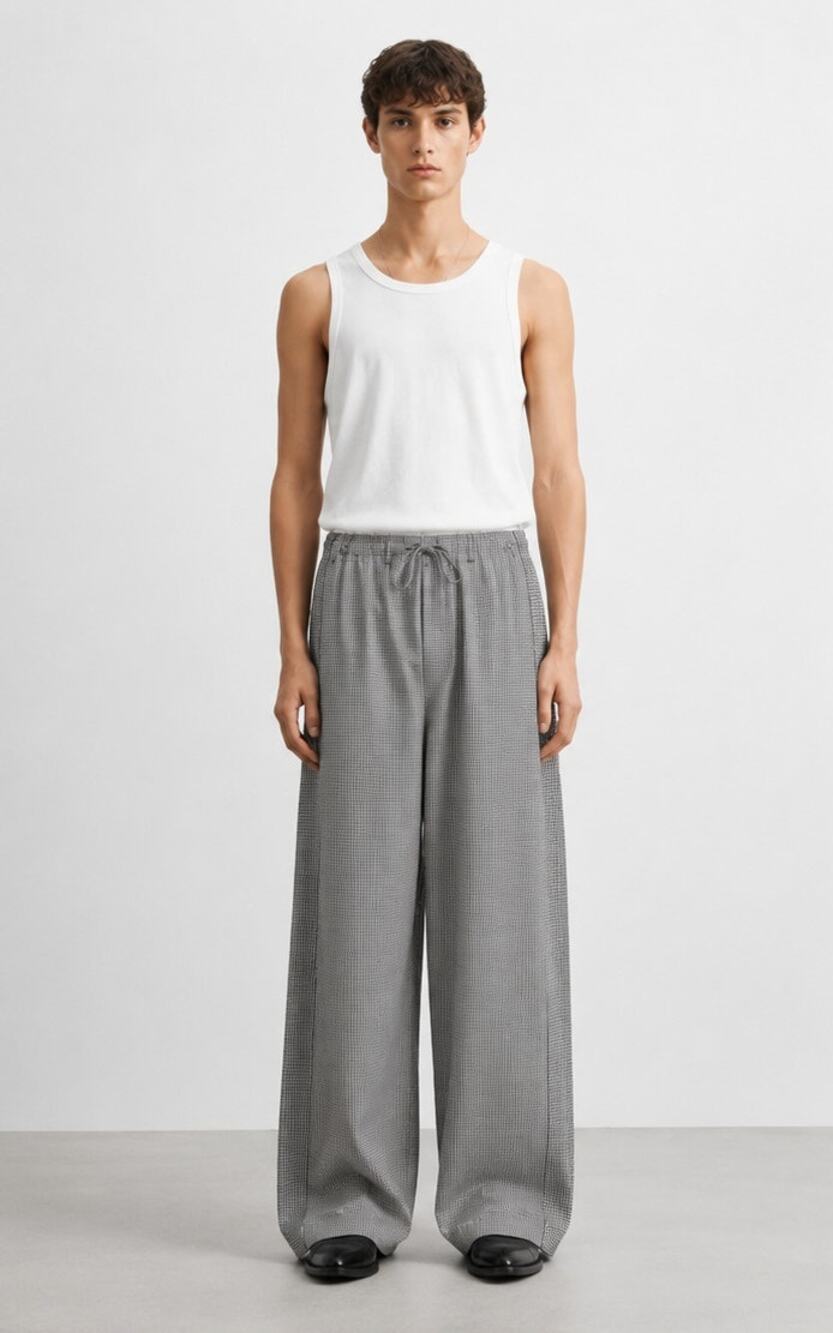 Stefano Pilati x Zara Men's Black & White Checkered Silk Pants, Size Medium